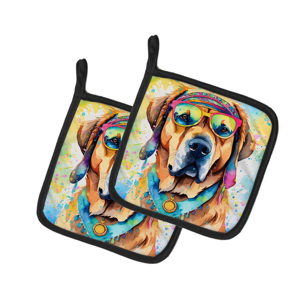 Mastiff Hippie Dawg Pot Holder Set of 2 Heat Resistant Quilted Hot Pads 7.5 x 7.5 Inch, Insulated Kitchen Trivets for Cooking & Baking