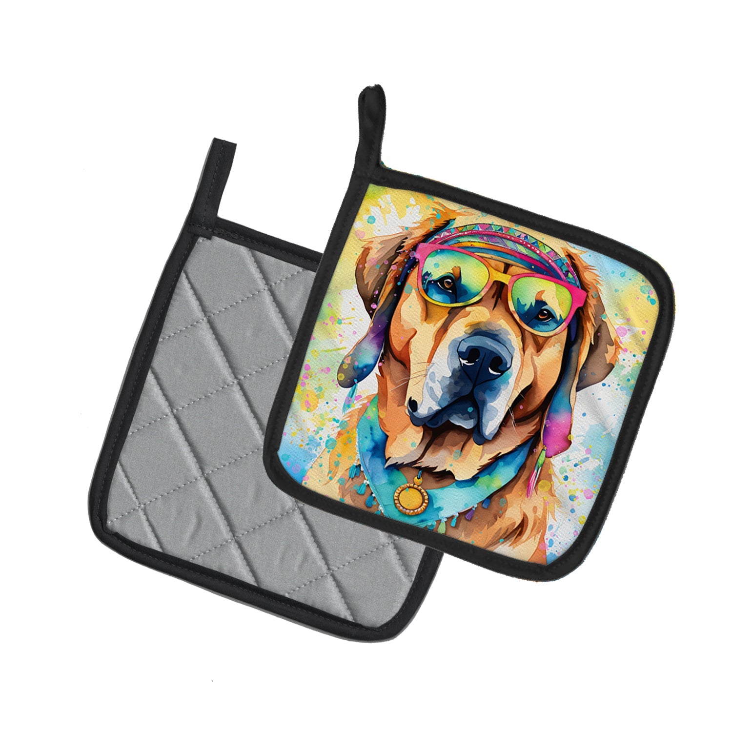 Mastiff Hippie Dawg Pot Holder Set of 2 Heat Resistant Quilted Hot Pads 7.5 x 7.5 Inch, Insulated Kitchen Trivets for Cooking & Baking