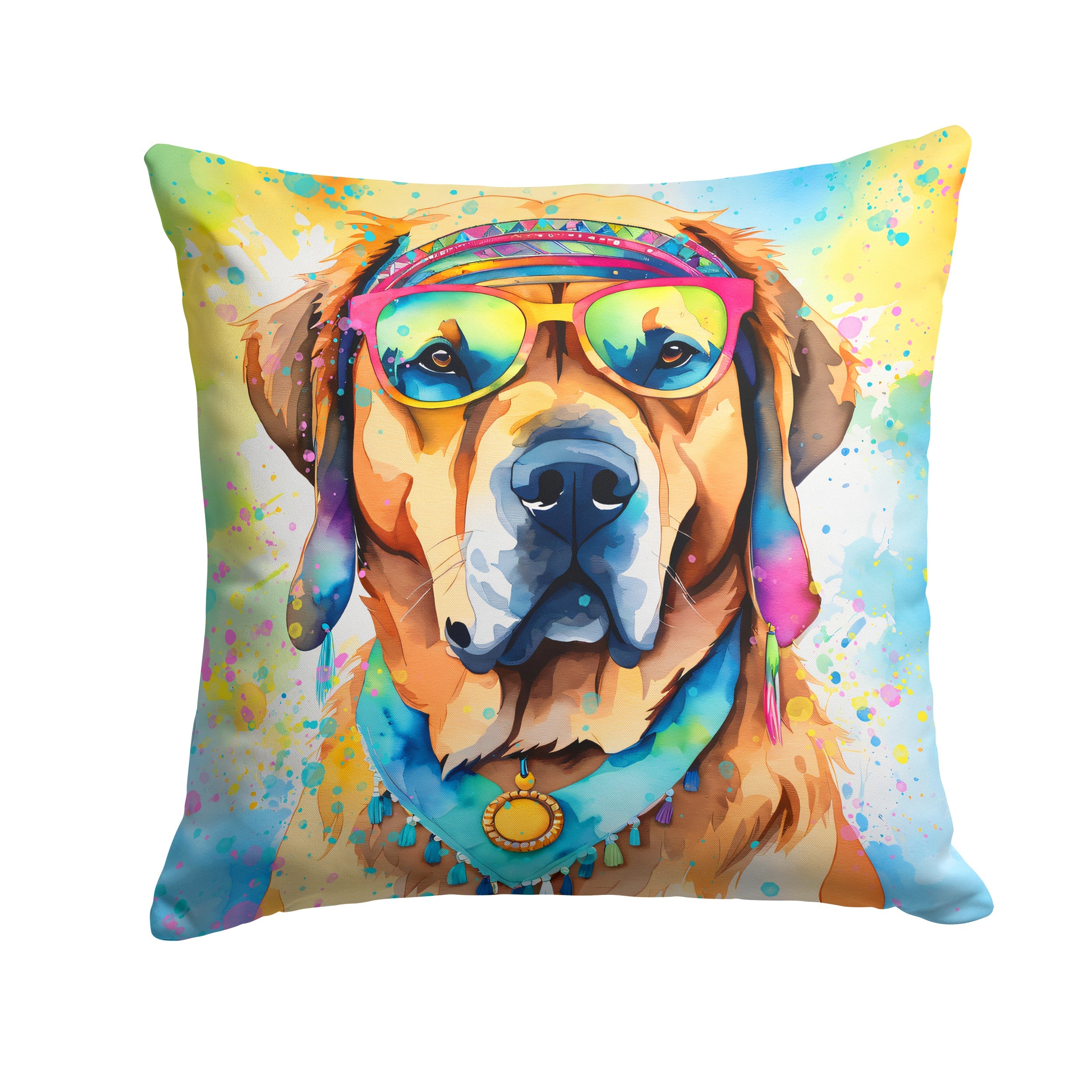 Mastiff Hippie Dawg Decorative Throw Pillow 14x14 Indoor Outdoor Accent Cushion, Fabric Cover with Insert for Sofa, Bed, Porch & Living Room
