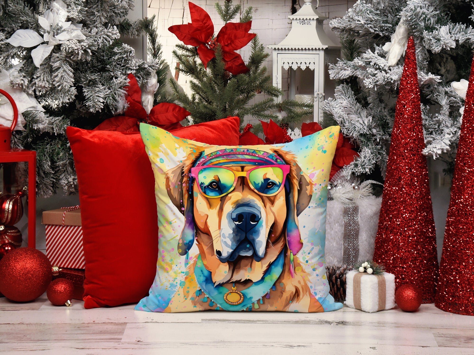 Mastiff Hippie Dawg Decorative Throw Pillow 14x14 Indoor Outdoor Accent Cushion, Fabric Cover with Insert for Sofa, Bed, Porch & Living Room