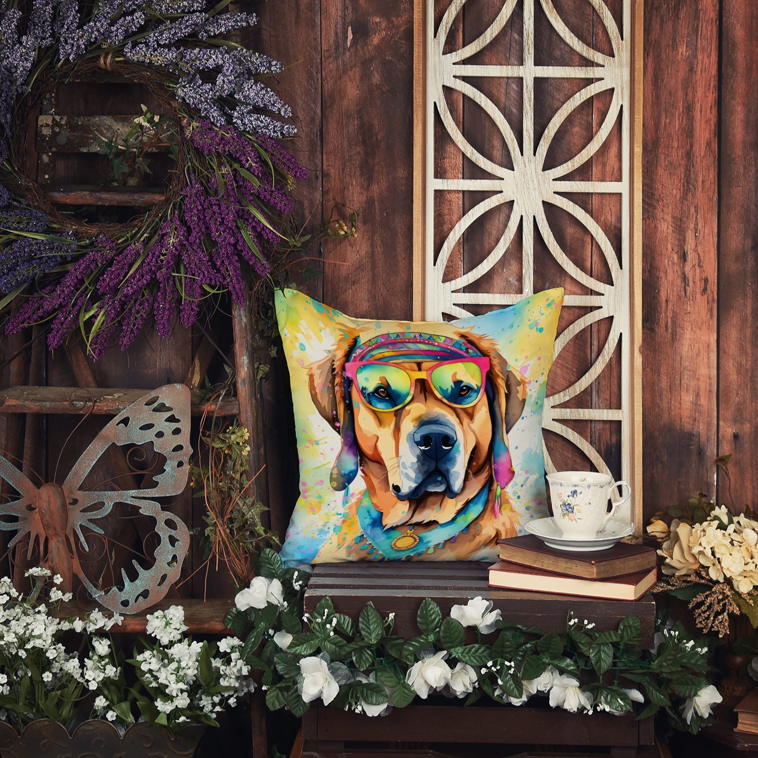 Mastiff Hippie Dawg Decorative Throw Pillow 14x14 Indoor Outdoor Accent Cushion, Fabric Cover with Insert for Sofa, Bed, Porch & Living Room