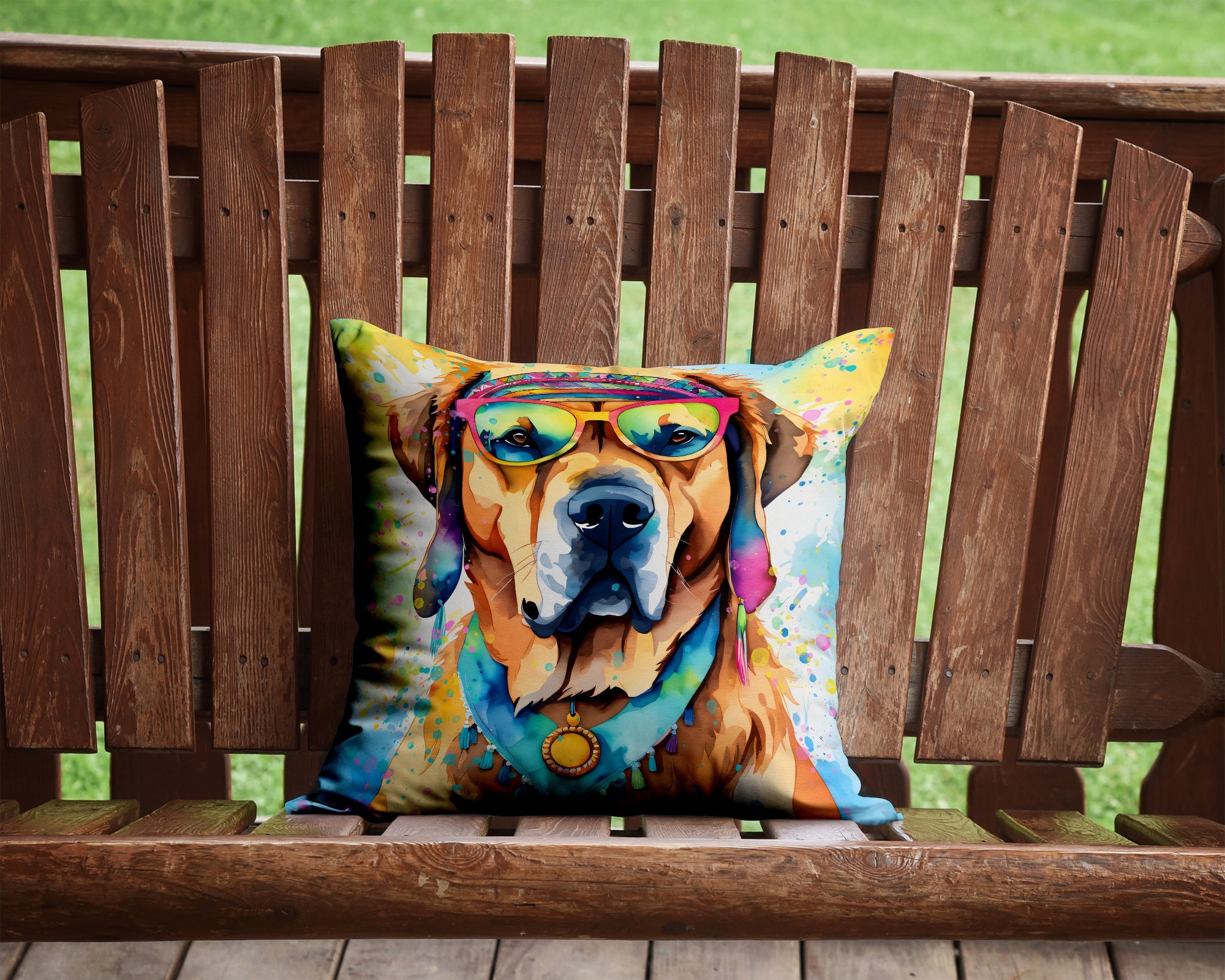 Mastiff Hippie Dawg Decorative Throw Pillow 14x14 Indoor Outdoor Accent Cushion, Fabric Cover with Insert for Sofa, Bed, Porch & Living Room