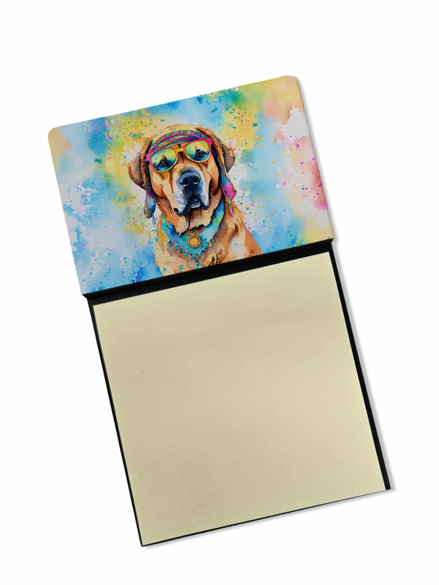 Mastiff Hippie Dawg Watercolor Sticky Note Holder Refillable Dispenser Desk Accessory 3x3 Pad Gift