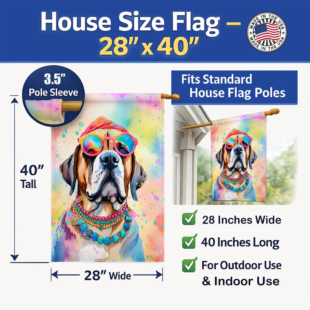 Mastiff Hippie Dawg House Flag 28x40 Porch Sleeve Pole Decorative Outside Yard Banner Artwork Wall Hanging, Polyester