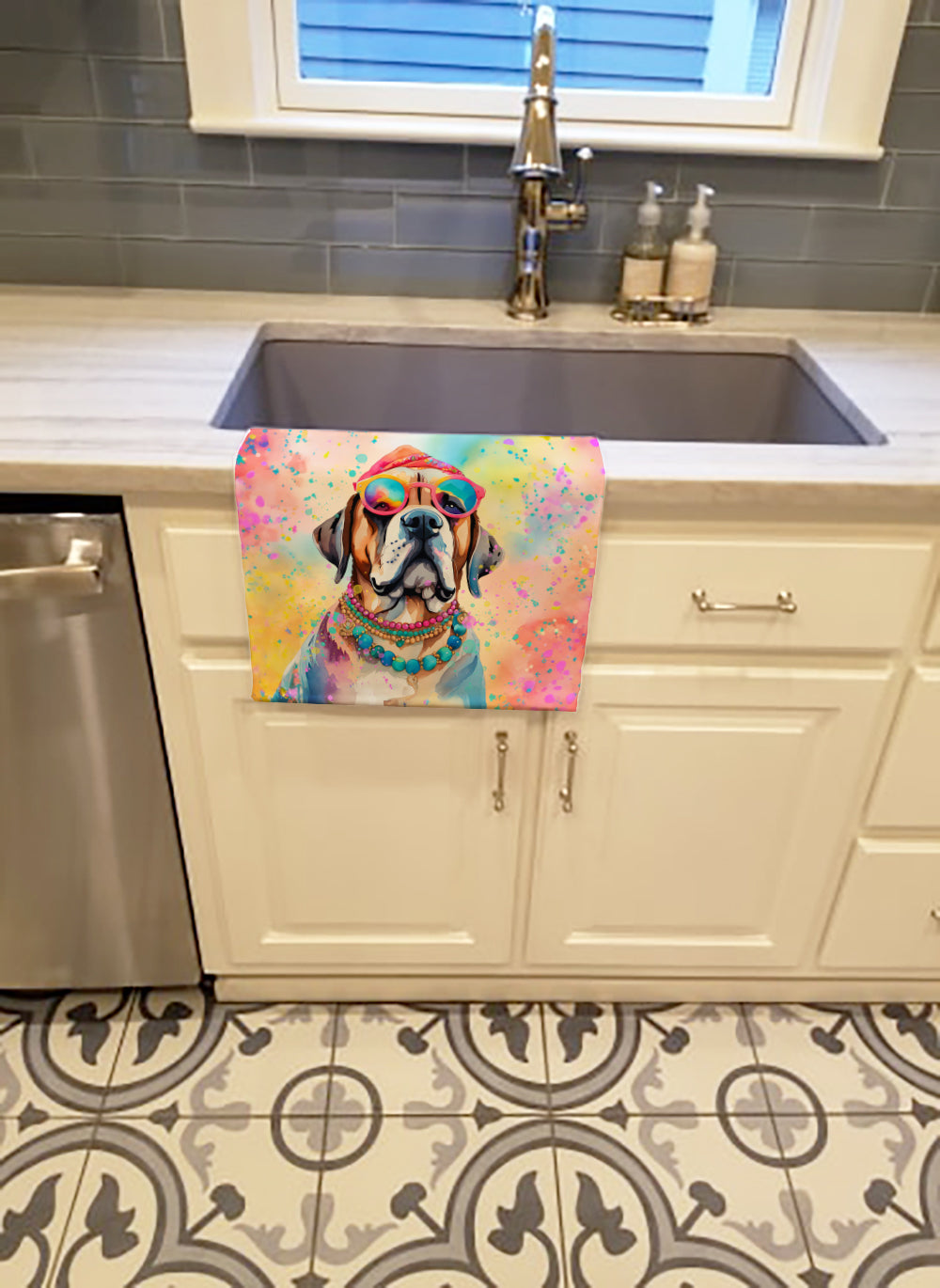 Mastiff Hippie Dawg Kitchen Towel Velour Plush Front and Cotton Loop Back Machine Washable