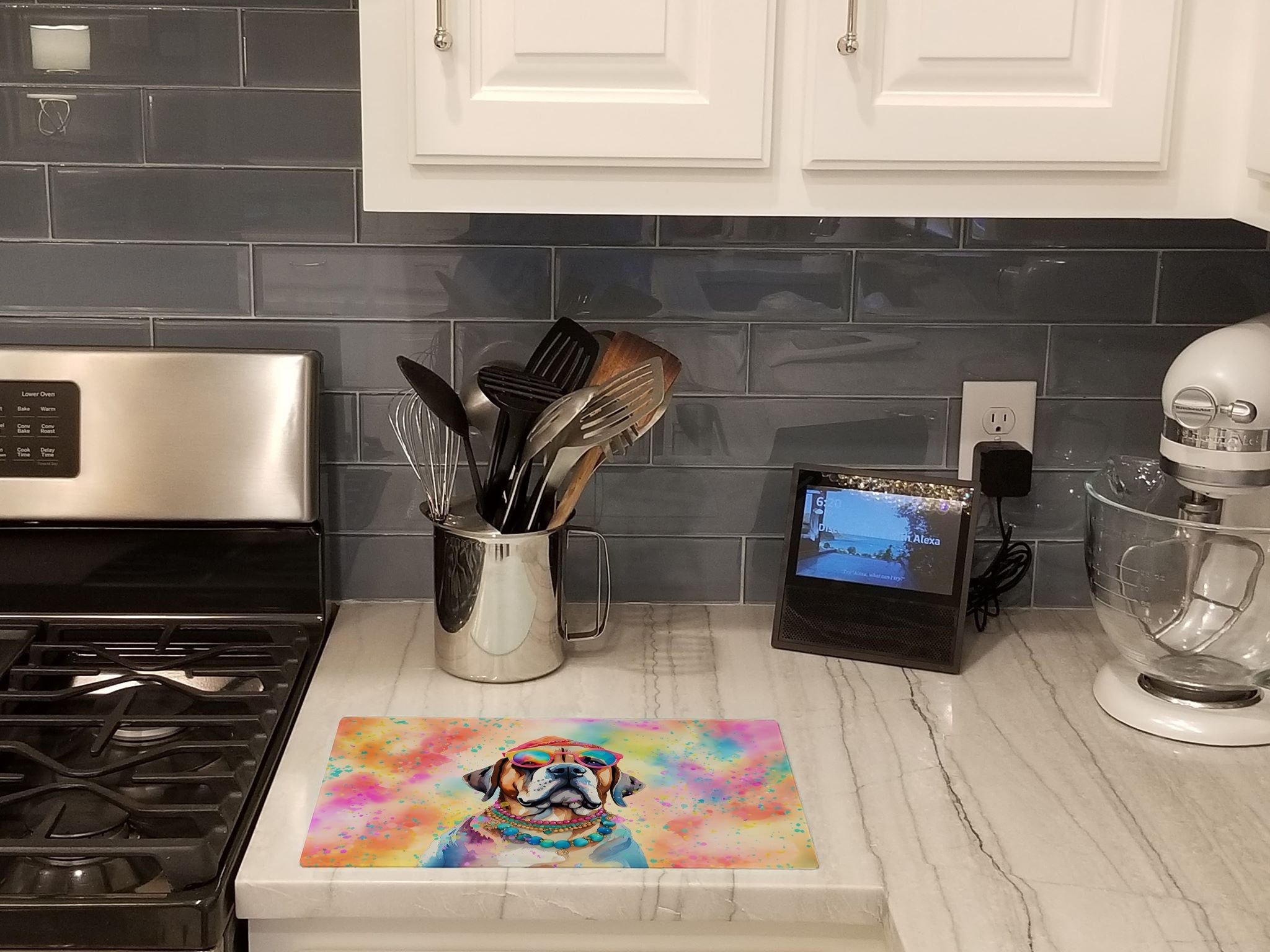 Mastiff Hippie Dawg Cutting Board Tempered Glass Kitchen Cutting Surface, Heat Resistant Chopping, Non-Slip Feet, Food Prep & Serving