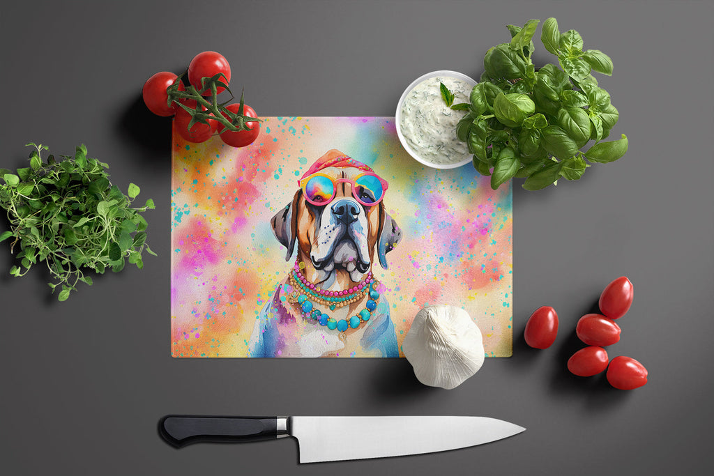 Mastiff Hippie Dawg Cutting Board Tempered Glass Kitchen Cutting Surface, Heat Resistant Chopping, Non-Slip Feet, Food Prep & Serving