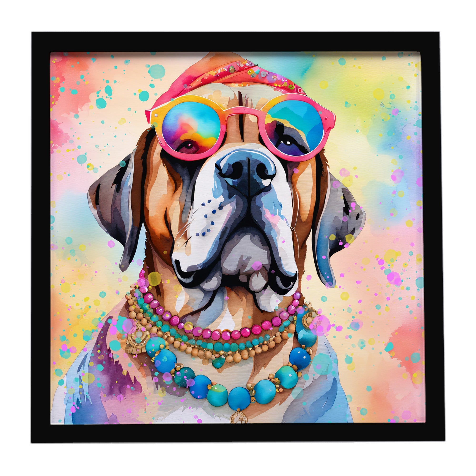Mastiff Hippie Dawg Framed Metal Print Bathroom, Kitchen, Office, Home Decor Wall Art Ready to Hang, Square, 8X8