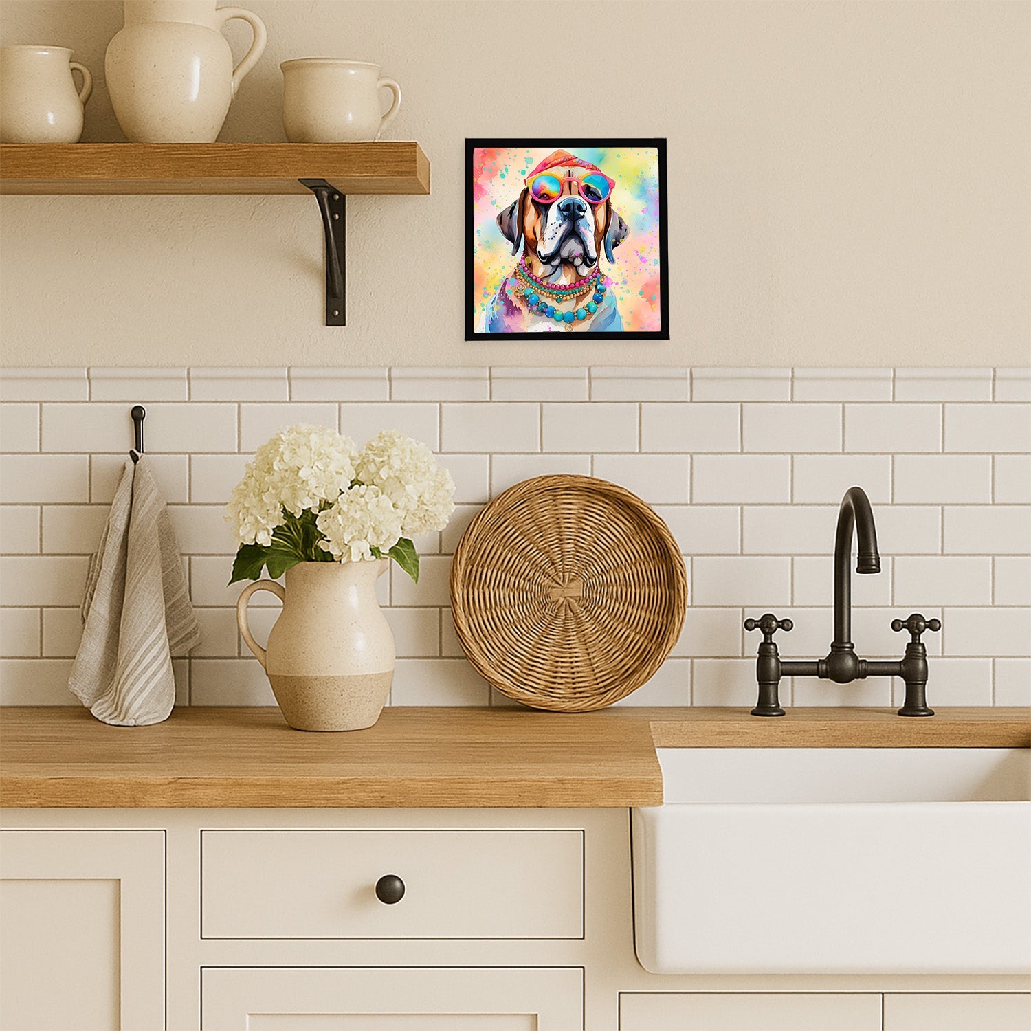 Mastiff Hippie Dawg Framed Metal Print Bathroom, Kitchen, Office, Home Decor Wall Art Ready to Hang, Square, 8X8