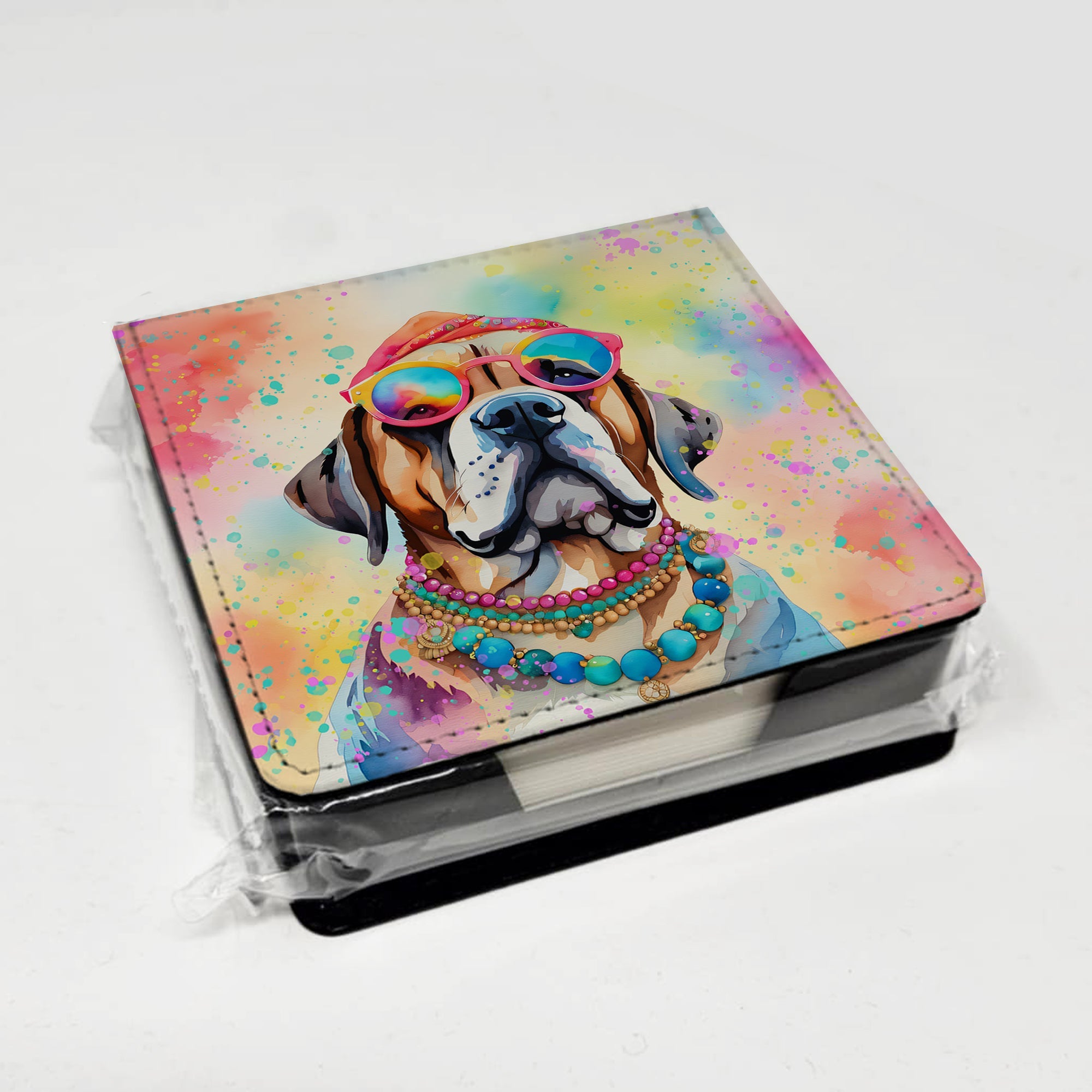 Mastiff Hippie Dawg PU Leather Note Paper Holder with Artist-Designed Cover, Desk Accessory, Office Gift