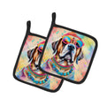 Mastiff Hippie Dawg Pot Holder Set of 2 Heat Resistant Quilted Hot Pads 7.5 x 7.5 Inch, Insulated Kitchen Trivets for Cooking & Baking