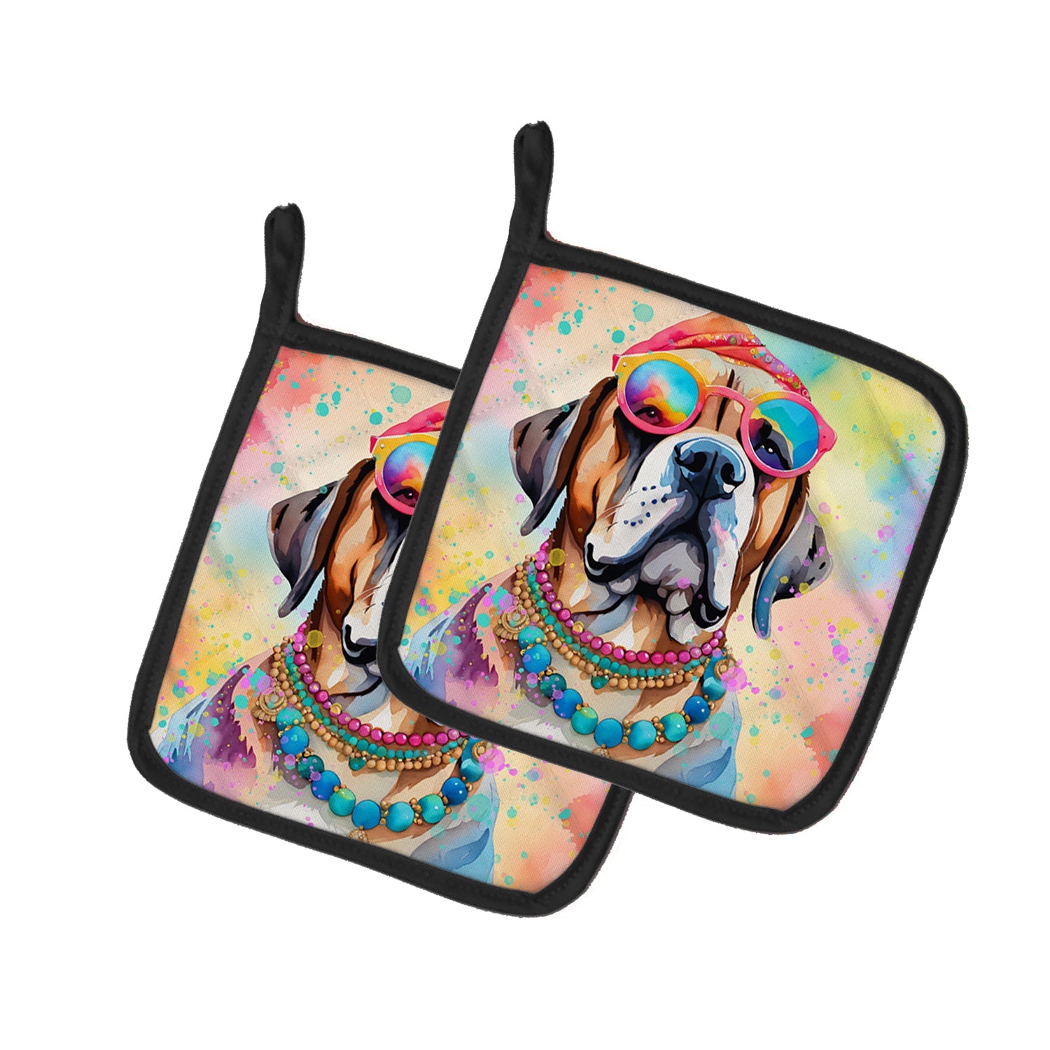 Mastiff Hippie Dawg Pot Holder Set of 2 Heat Resistant Quilted Hot Pads 7.5 x 7.5 Inch, Insulated Kitchen Trivets for Cooking & Baking