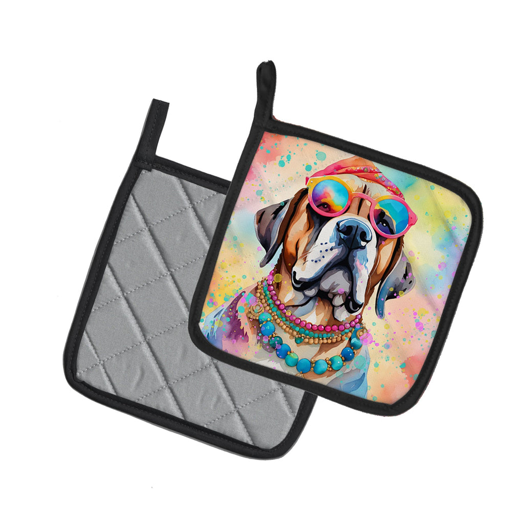 Mastiff Hippie Dawg Pot Holder Set of 2 Heat Resistant Quilted Hot Pads 7.5 x 7.5 Inch, Insulated Kitchen Trivets for Cooking & Baking