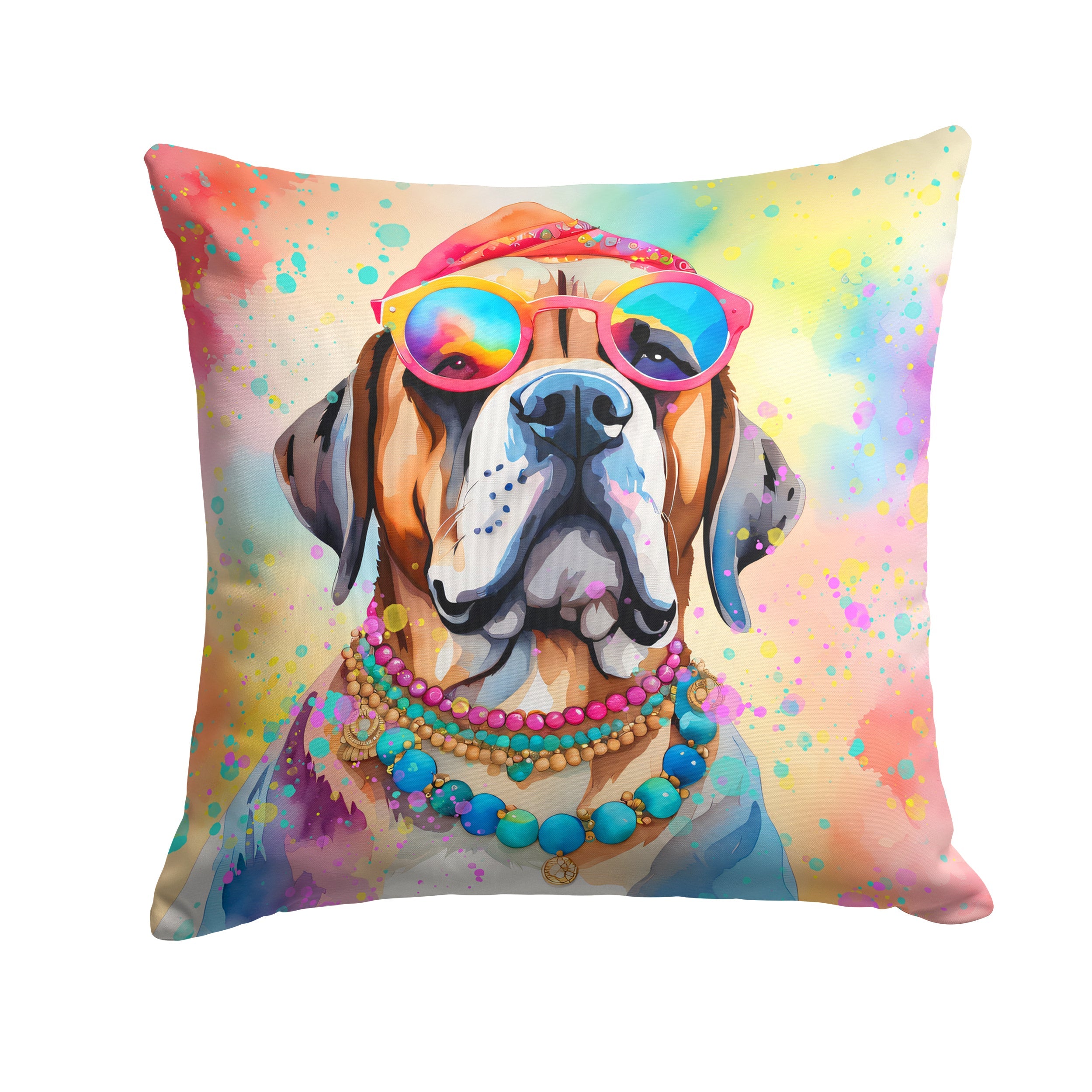 Mastiff Hippie Dawg Decorative Throw Pillow 14x14 Indoor Outdoor Accent Cushion, Fabric Cover with Insert for Sofa, Bed, Porch & Living Room