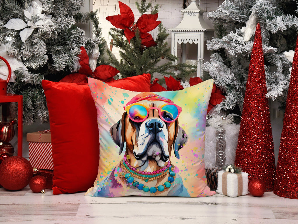 Mastiff Hippie Dawg Decorative Throw Pillow 14x14 Indoor Outdoor Accent Cushion, Fabric Cover with Insert for Sofa, Bed, Porch & Living Room