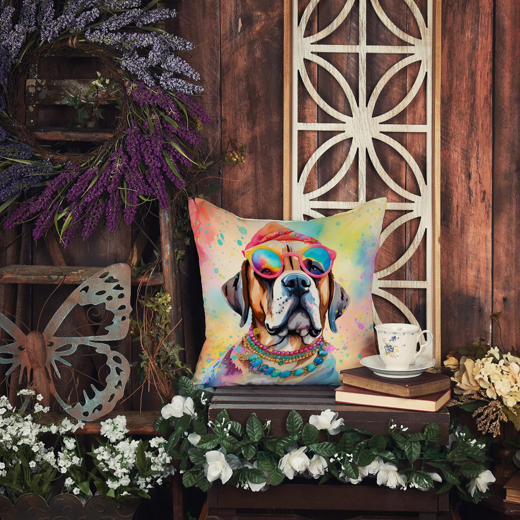 Mastiff Hippie Dawg Decorative Throw Pillow 14x14 Indoor Outdoor Accent Cushion, Fabric Cover with Insert for Sofa, Bed, Porch & Living Room