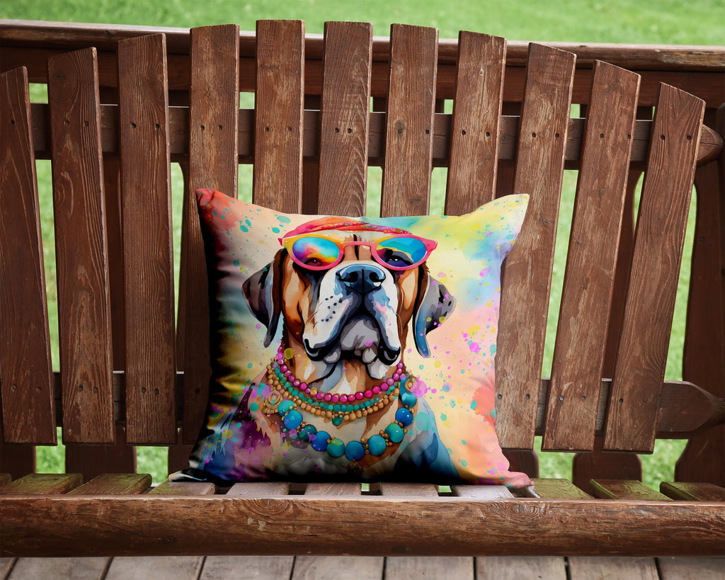 Mastiff Hippie Dawg Decorative Throw Pillow 14x14 Indoor Outdoor Accent Cushion, Fabric Cover with Insert for Sofa, Bed, Porch & Living Room
