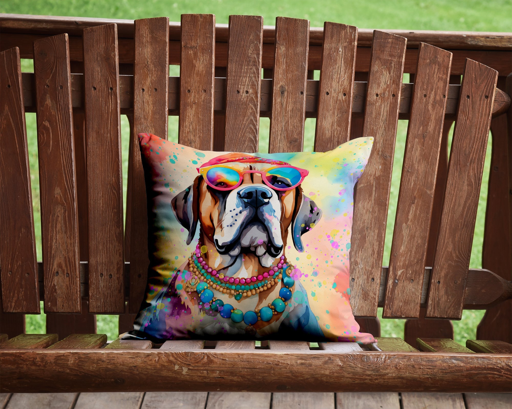Mastiff Hippie Dawg Decorative Throw Pillow 14x14 Indoor Outdoor Accent Cushion, Fabric Cover with Insert for Sofa, Bed, Porch & Living Room