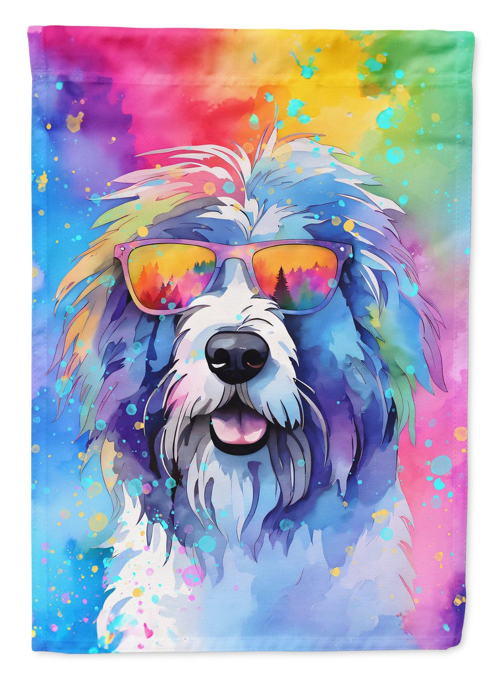 Old English Sheepdog Hippie Dawg House Flag 28x40 Porch Sleeve Pole Decorative Outside Yard Banner Artwork Wall Hanging, Polyester