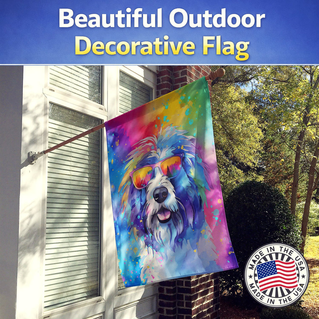 Old English Sheepdog Hippie Dawg House Flag 28x40 Porch Sleeve Pole Decorative Outside Yard Banner Artwork Wall Hanging, Polyester