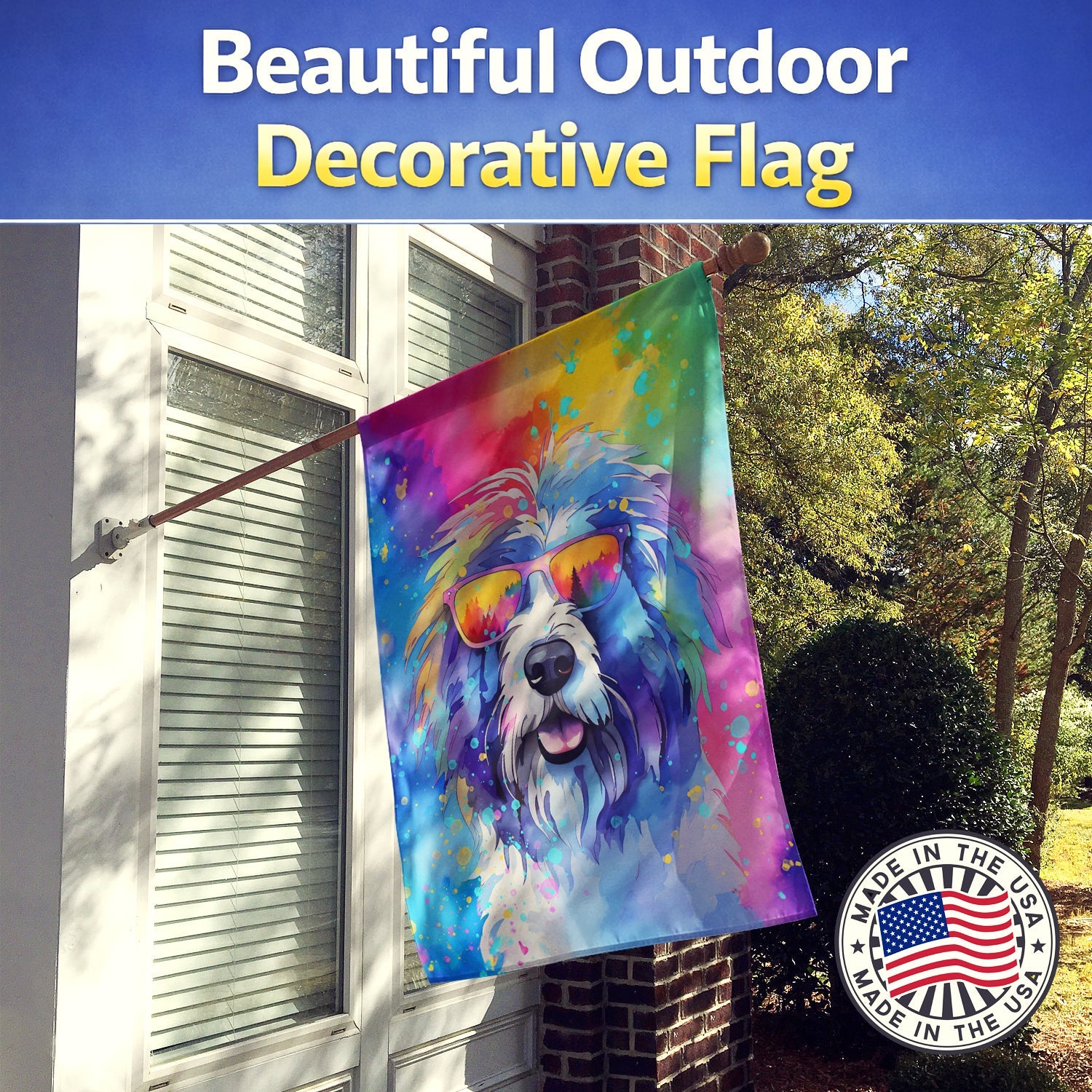 Old English Sheepdog Hippie Dawg House Flag 28x40 Porch Sleeve Pole Decorative Outside Yard Banner Artwork Wall Hanging, Polyester