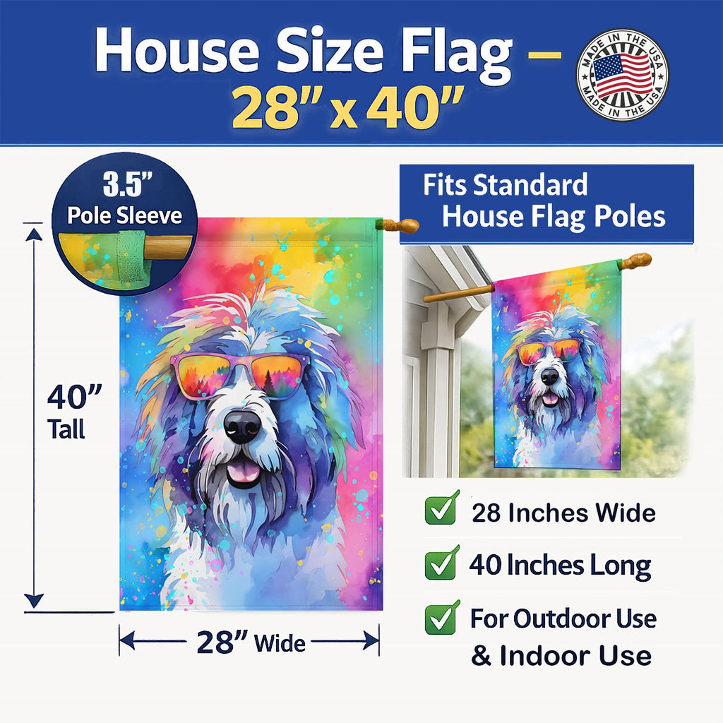 Old English Sheepdog Hippie Dawg House Flag 28x40 Porch Sleeve Pole Decorative Outside Yard Banner Artwork Wall Hanging, Polyester