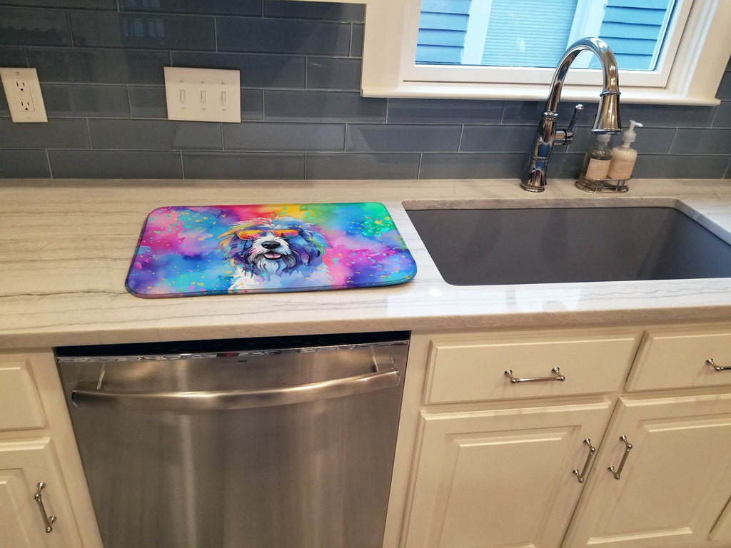 Old English Sheepdog Hippie Dawg Dish Drying Mat Absorbent Dish Drying Mat Pad for Kitchen Counter Dish Drainer Mat for Countertop, 14 x 21", Multicolor
