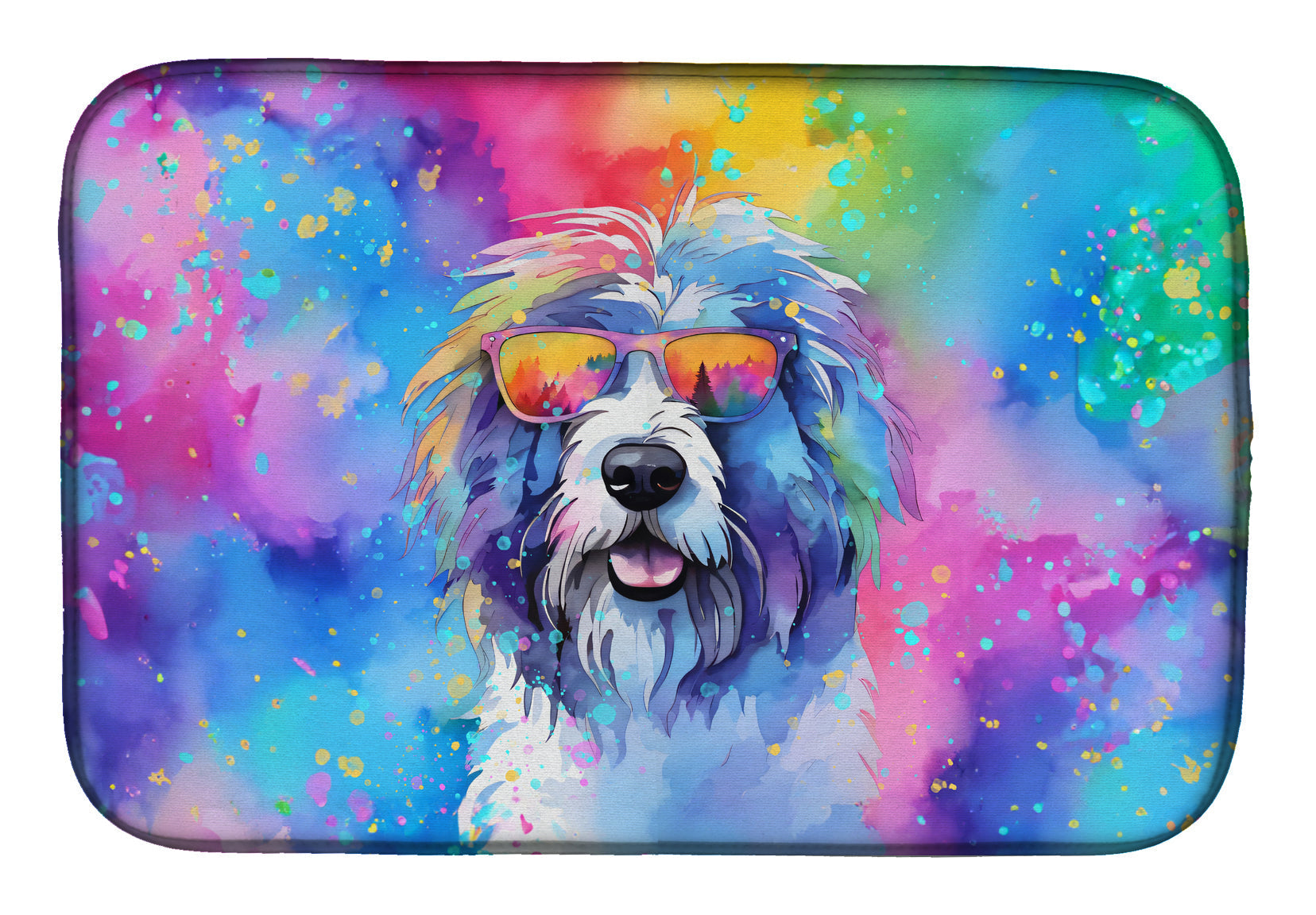 Old English Sheepdog Hippie Dawg Dish Drying Mat Absorbent Dish Drying Mat Pad for Kitchen Counter Dish Drainer Mat for Countertop, 14 x 21", Multicolor