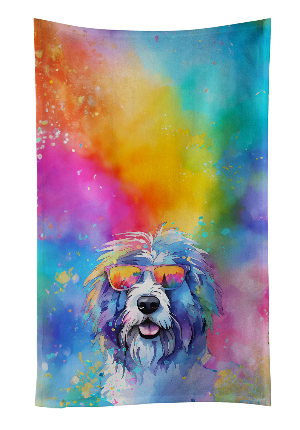 Old English Sheepdog Hippie Dawg Kitchen Towel Velour Plush Front and Cotton Loop Back Machine Washable