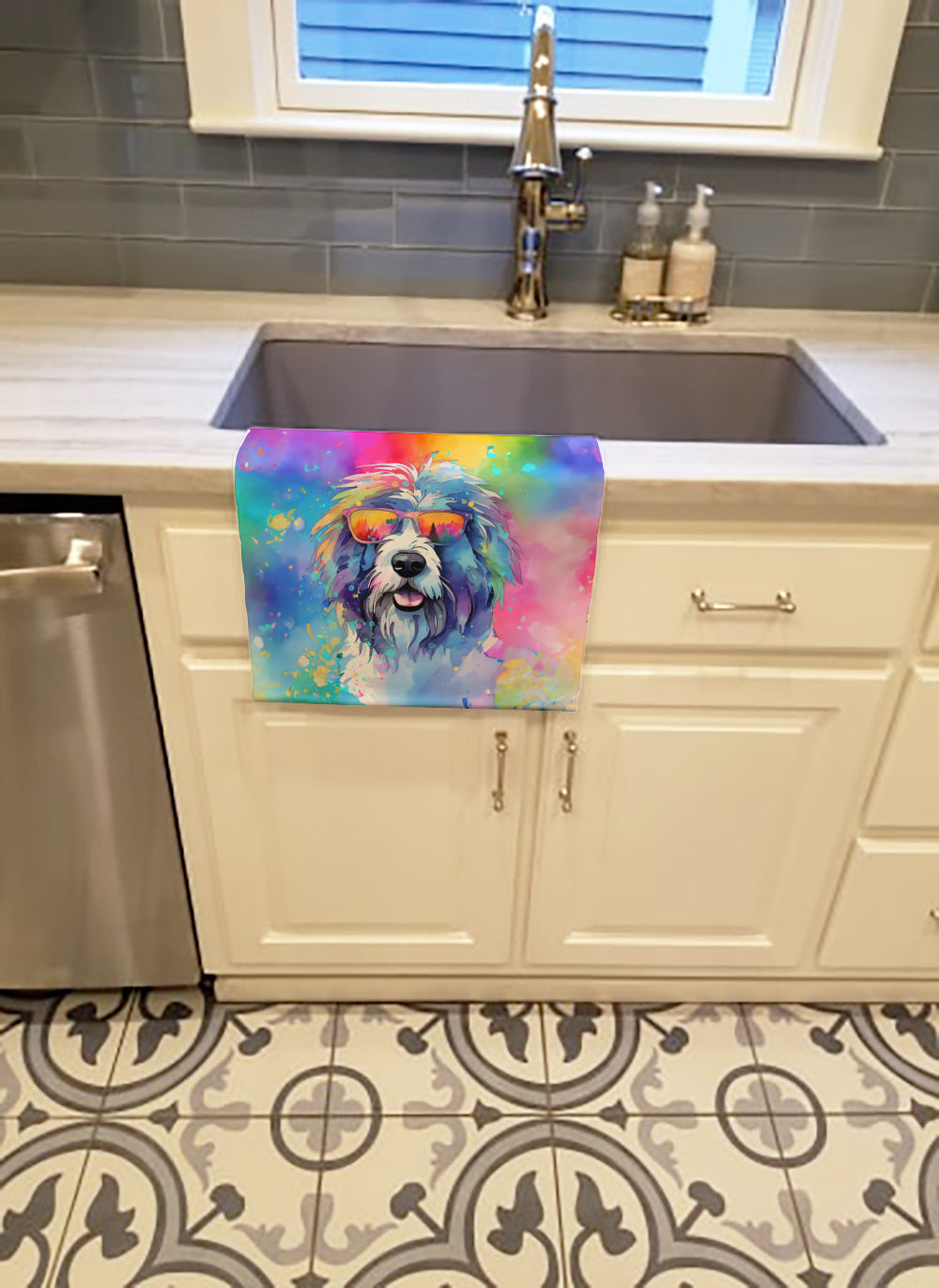 Old English Sheepdog Hippie Dawg Kitchen Towel Velour Plush Front and Cotton Loop Back Machine Washable