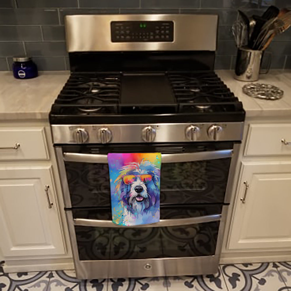 Old English Sheepdog Hippie Dawg Kitchen Towel Velour Plush Front and Cotton Loop Back Machine Washable