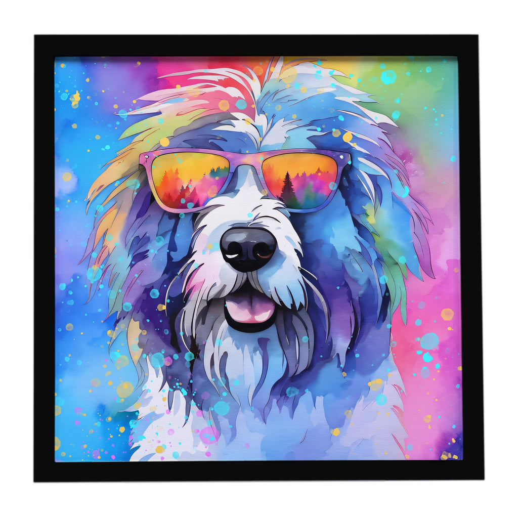 Old English Sheepdog Hippie Dawg Framed Metal Print Bathroom, Kitchen, Office, Home Decor Wall Art Ready to Hang, Square, 8X8