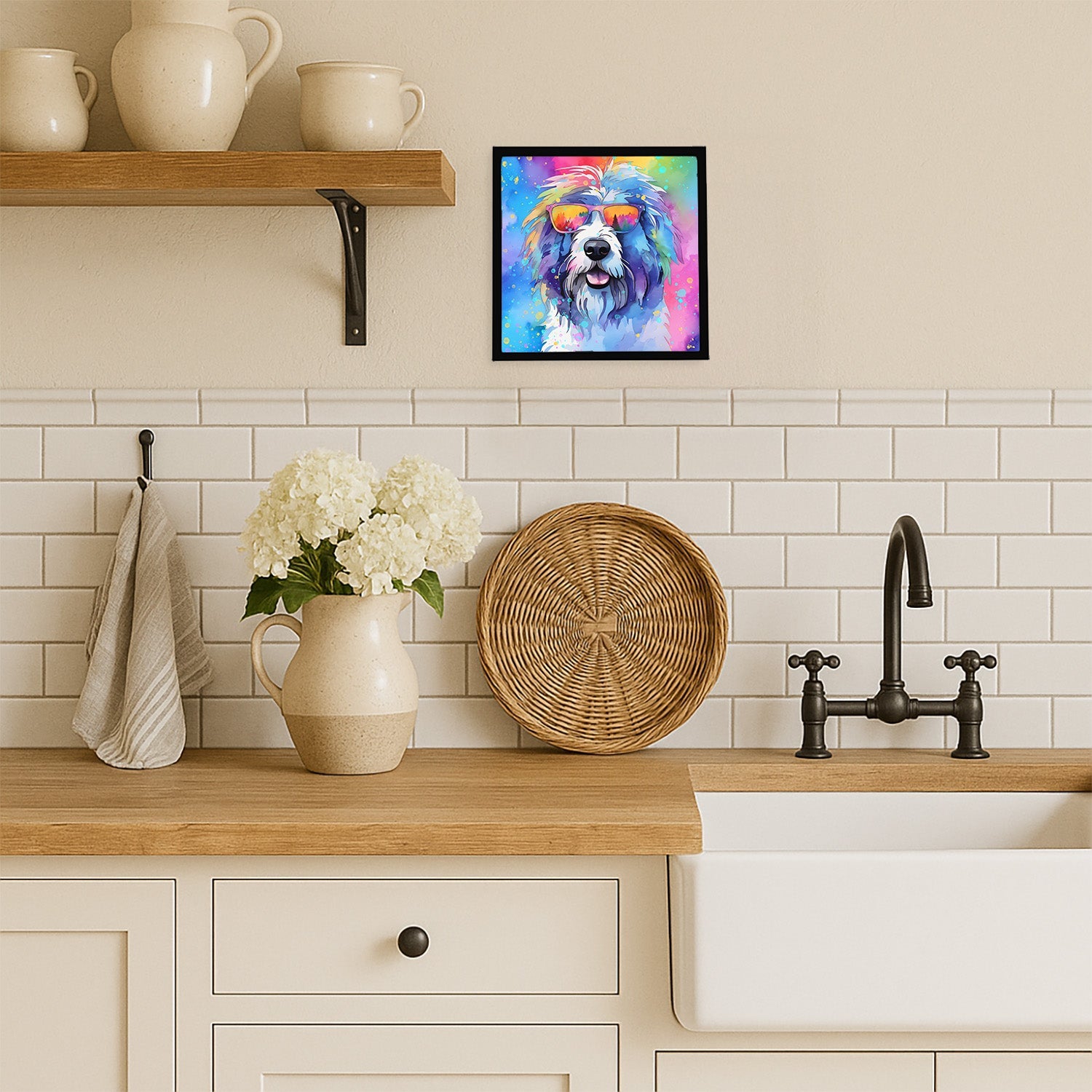 Old English Sheepdog Hippie Dawg Framed Metal Print Bathroom, Kitchen, Office, Home Decor Wall Art Ready to Hang, Square, 8X8
