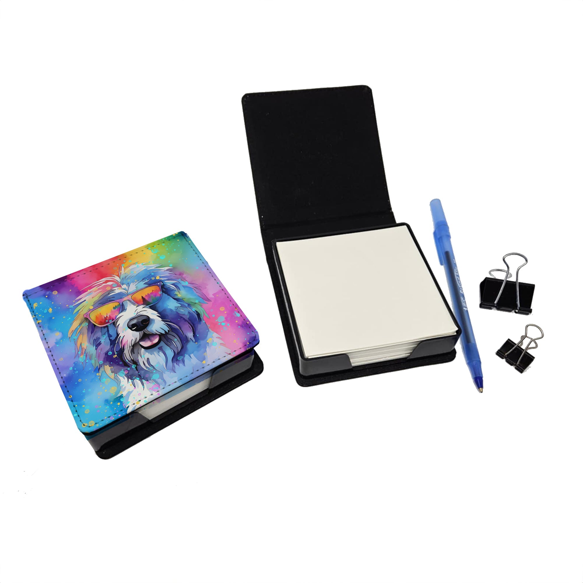 Old English Sheepdog Hippie Dawg PU Leather Note Paper Holder with Artist-Designed Cover, Desk Accessory, Office Gift