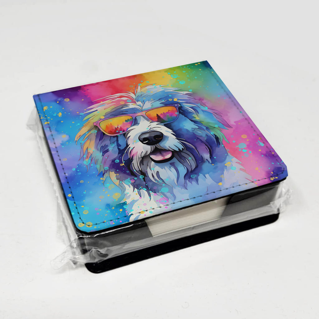Old English Sheepdog Hippie Dawg PU Leather Note Paper Holder with Artist-Designed Cover, Desk Accessory, Office Gift