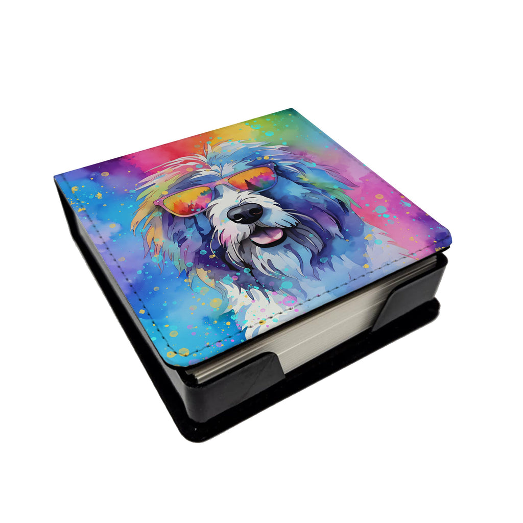 Old English Sheepdog Hippie Dawg PU Leather Note Paper Holder with Artist-Designed Cover, Desk Accessory, Office Gift