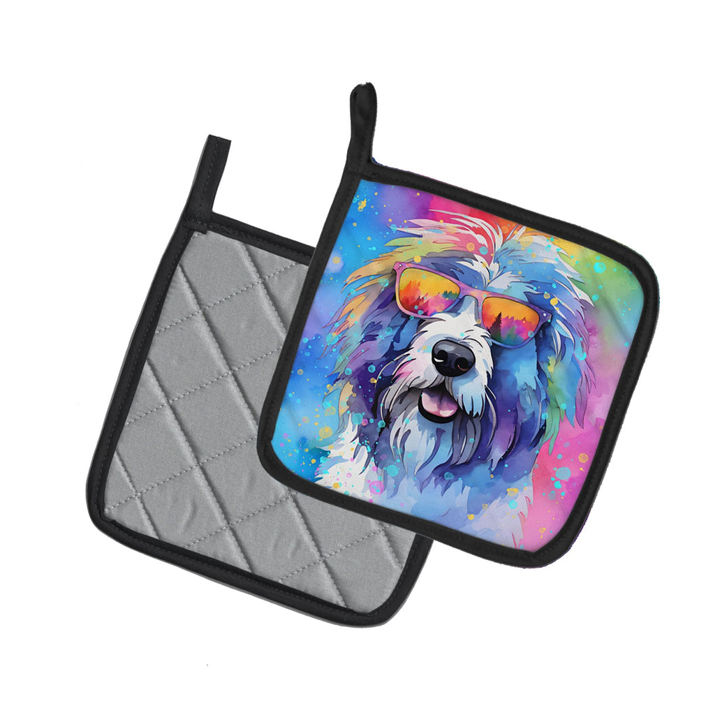 Old English Sheepdog Hippie Dawg Pot Holder Set of 2 Heat Resistant Quilted Hot Pads 7.5 x 7.5 Inch, Insulated Kitchen Trivets for Cooking & Baking