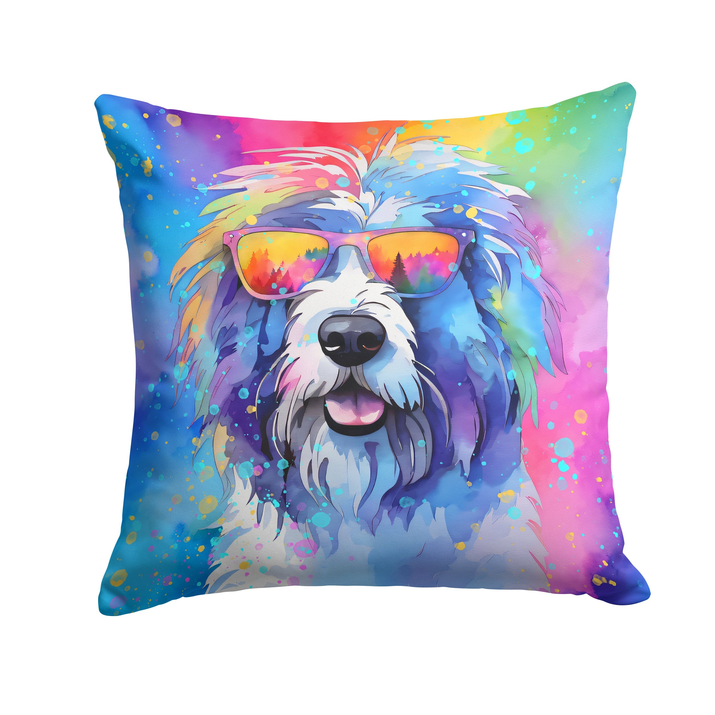 Old English Sheepdog Hippie Dawg Decorative Throw Pillow 14x14 Indoor Outdoor Accent Cushion, Fabric Cover with Insert for Sofa, Bed, Porch & Living Room