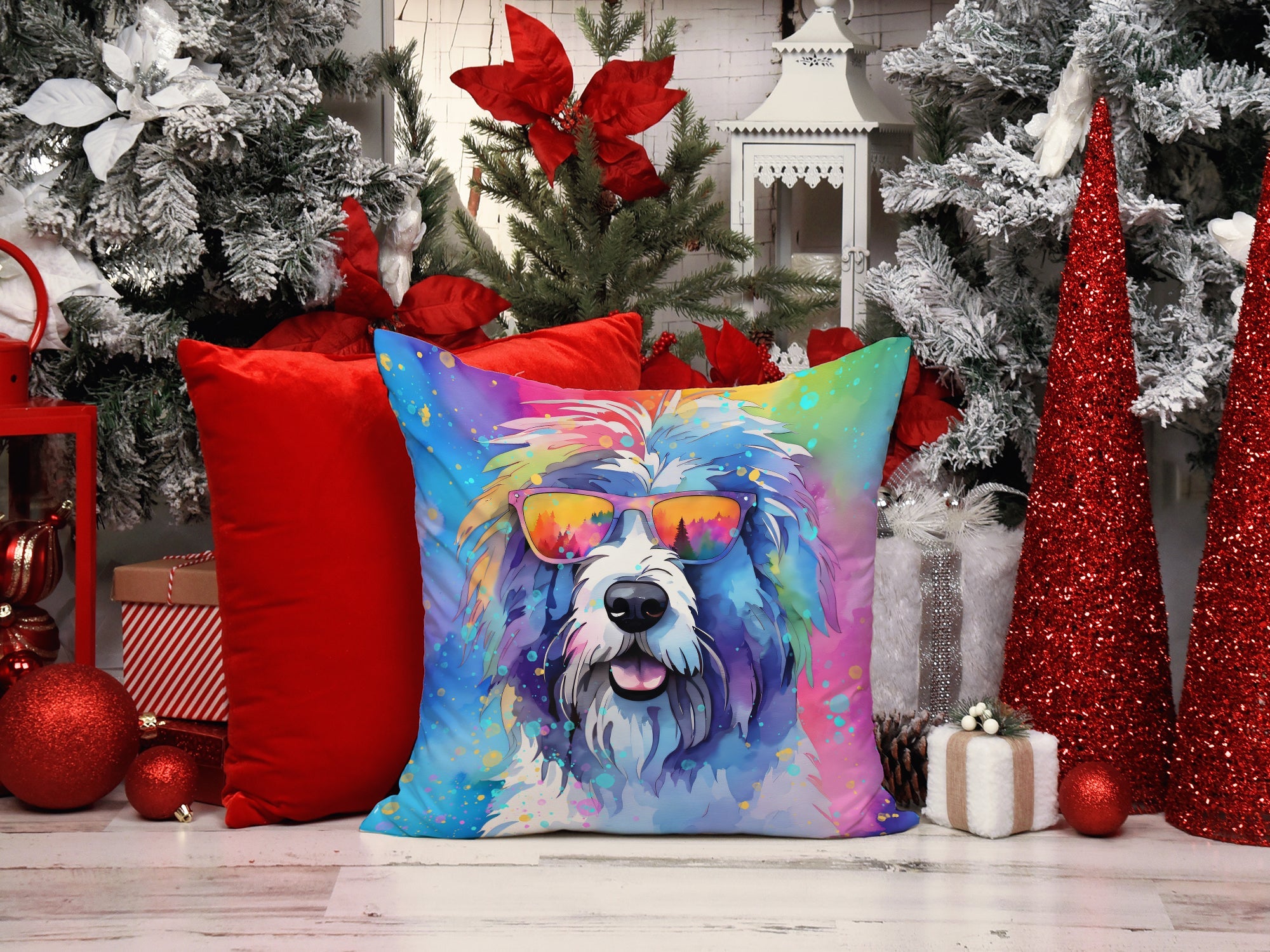 Old English Sheepdog Hippie Dawg Decorative Throw Pillow 14x14 Indoor Outdoor Accent Cushion, Fabric Cover with Insert for Sofa, Bed, Porch & Living Room