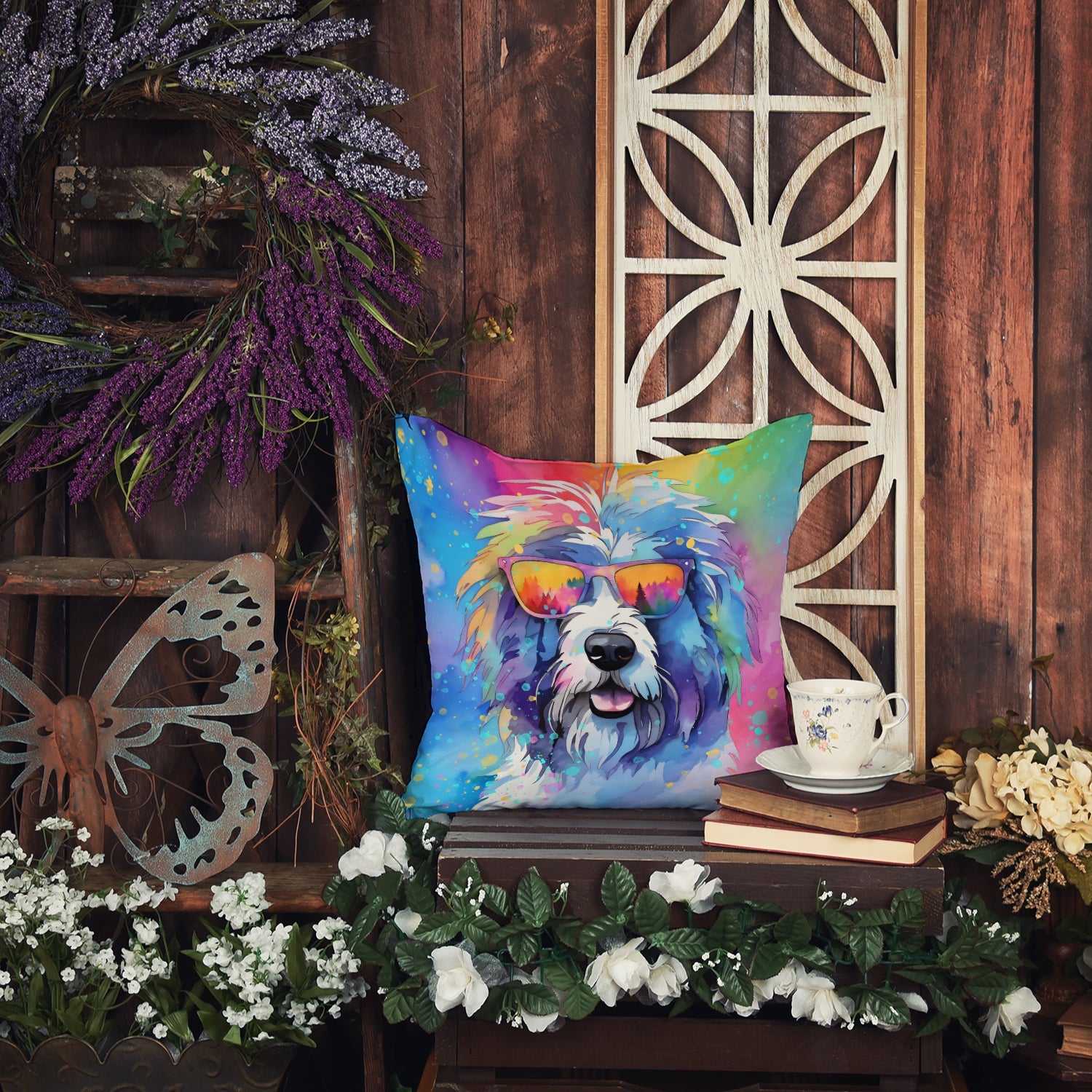 Old English Sheepdog Hippie Dawg Decorative Throw Pillow 14x14 Indoor Outdoor Accent Cushion, Fabric Cover with Insert for Sofa, Bed, Porch & Living Room