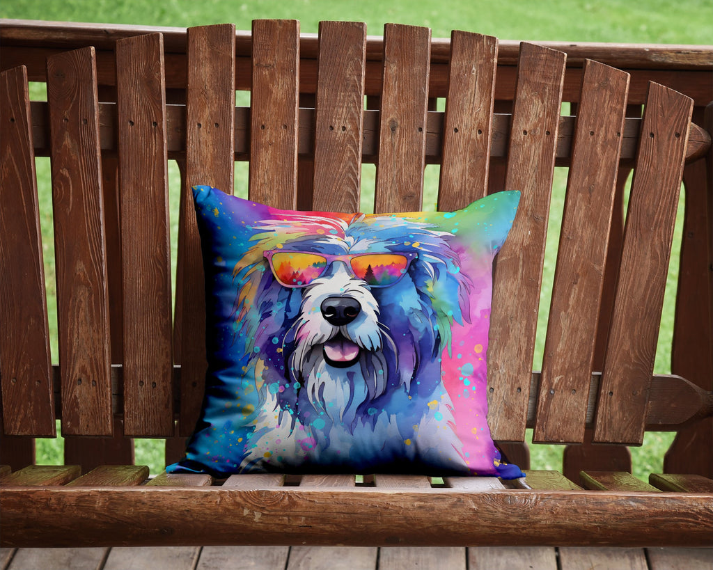 Old English Sheepdog Hippie Dawg Decorative Throw Pillow 14x14 Indoor Outdoor Accent Cushion, Fabric Cover with Insert for Sofa, Bed, Porch & Living Room