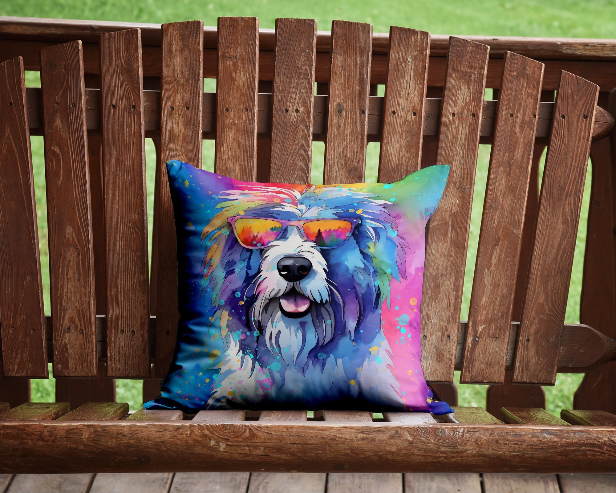 Old English Sheepdog Hippie Dawg Decorative Throw Pillow 14x14 Indoor Outdoor Accent Cushion, Fabric Cover with Insert for Sofa, Bed, Porch & Living Room