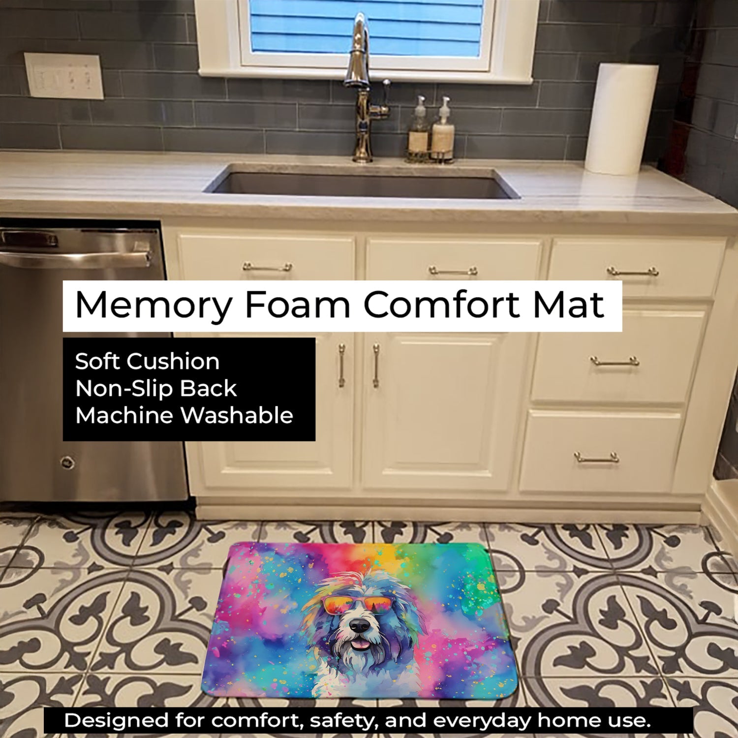 Old English Sheepdog Hippie Dawg Memory Foam Kitchen Mat Machine Washable Anti-Fatigue Cushion Comfort Bath or Kitchen Rug