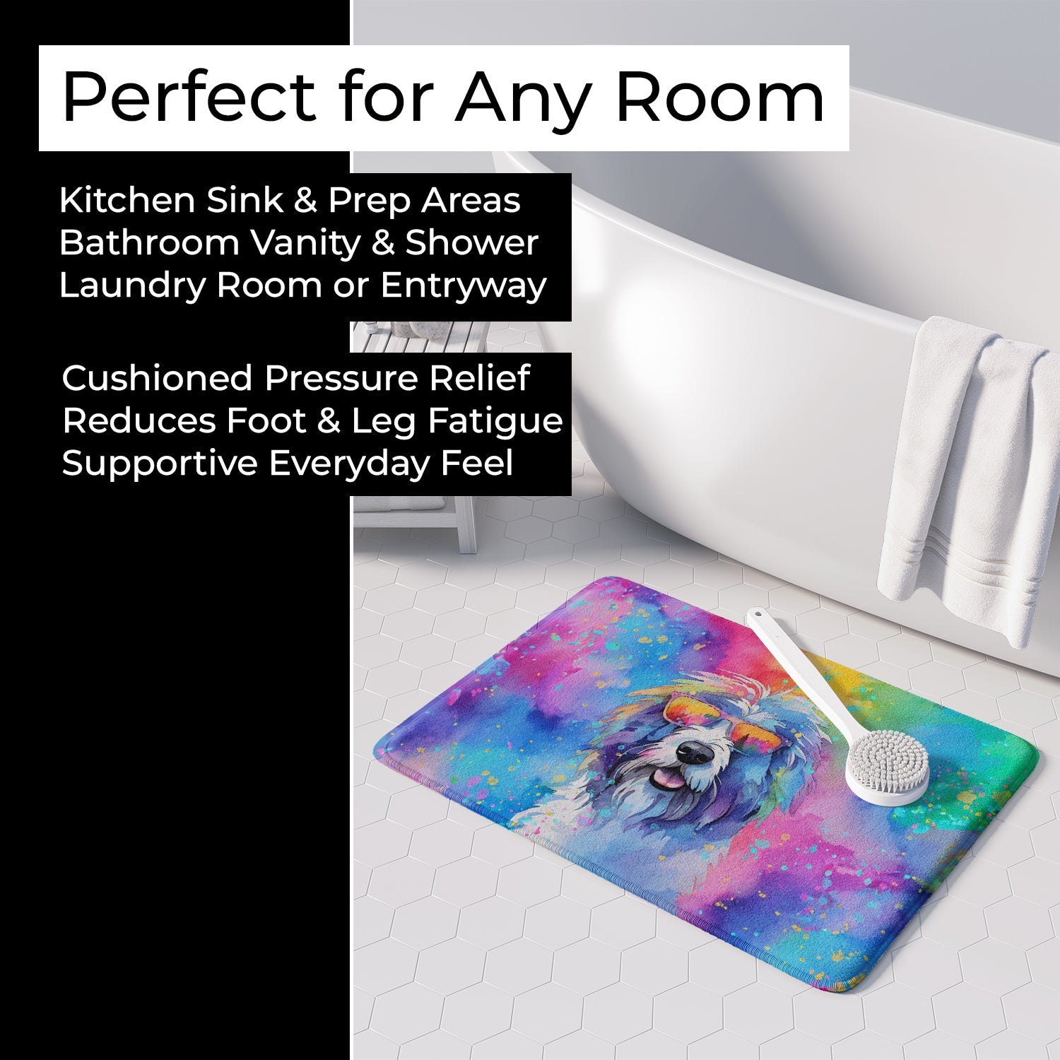 Old English Sheepdog Hippie Dawg Memory Foam Kitchen Mat Machine Washable Anti-Fatigue Cushion Comfort Bath or Kitchen Rug