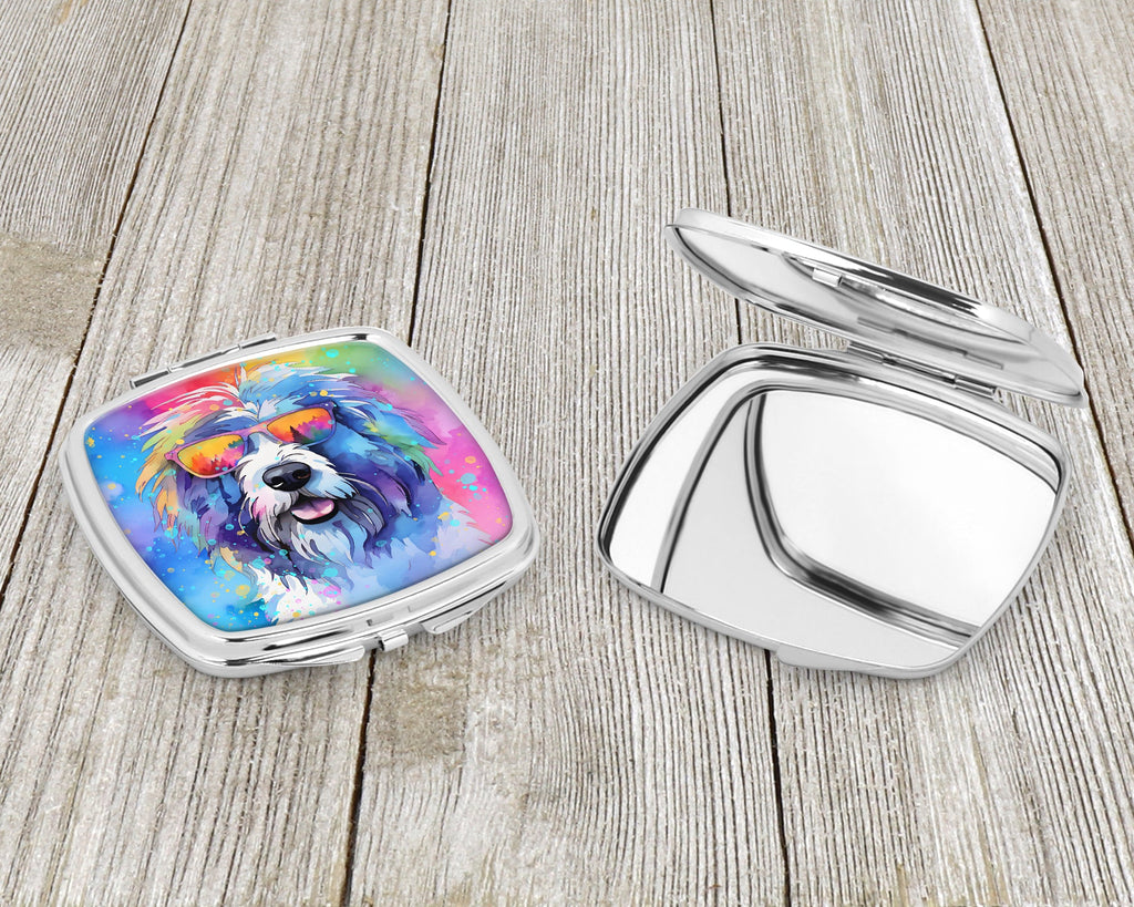 Old English Sheepdog Hippie Dawg Compact Mirror Decorative Travel Makeup Mirror for Women Girls Gifts Pocket Makeup Mirror Folding Handheld