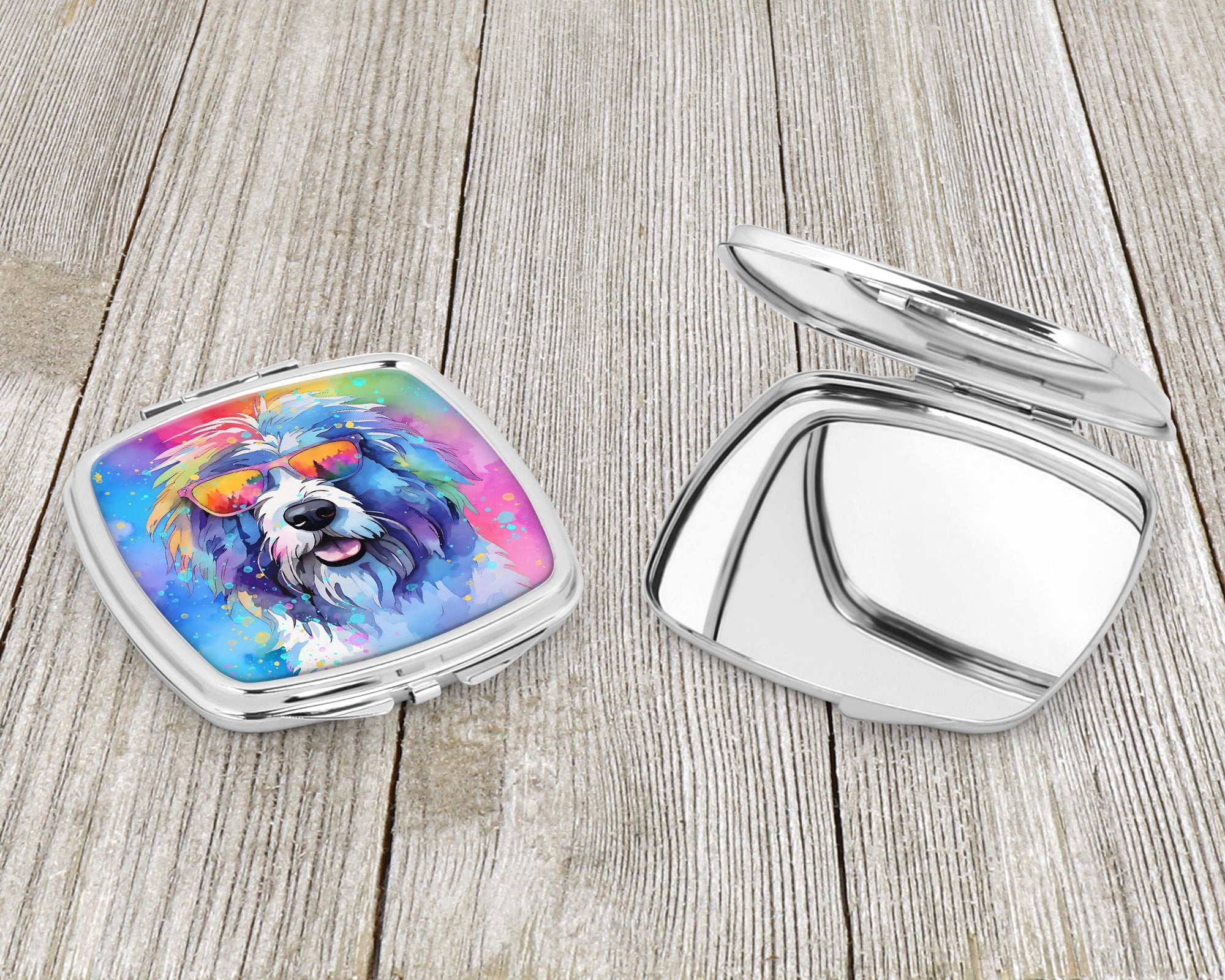 Old English Sheepdog Hippie Dawg Compact Mirror Decorative Travel Makeup Mirror for Women Girls Gifts Pocket Makeup Mirror Folding Handheld
