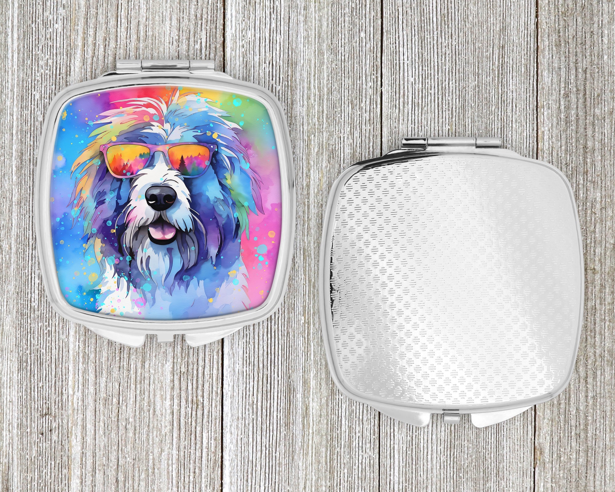 Old English Sheepdog Hippie Dawg Compact Mirror Decorative Travel Makeup Mirror for Women Girls Gifts Pocket Makeup Mirror Folding Handheld