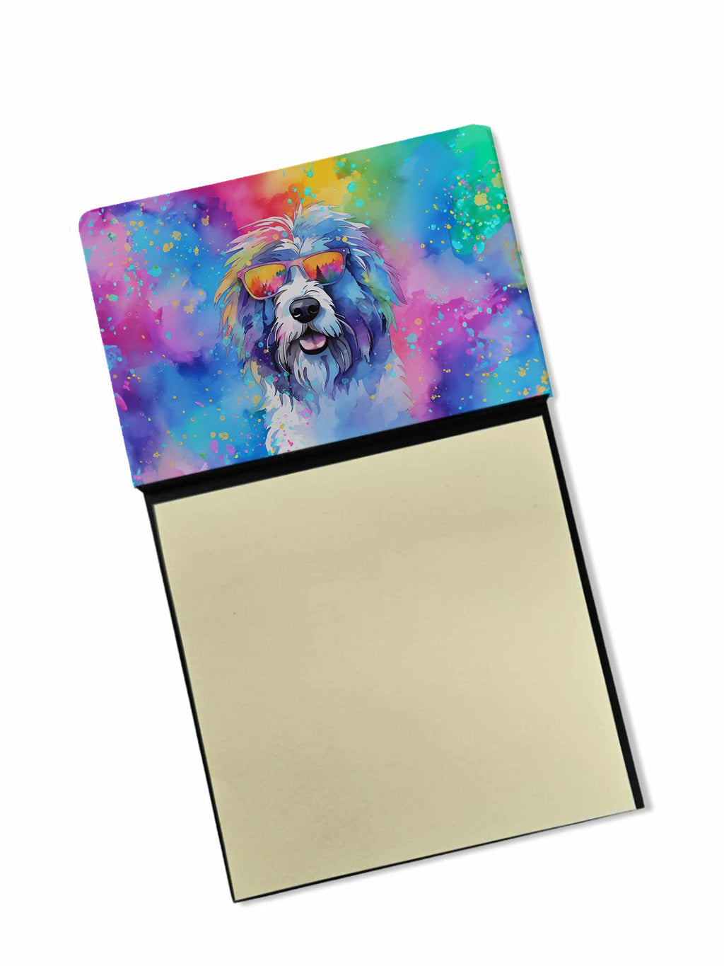 Old English Sheepdog Hippie Dawg Watercolor Sticky Note Holder Refillable Dispenser Desk Accessory 3x3 Pad Gift