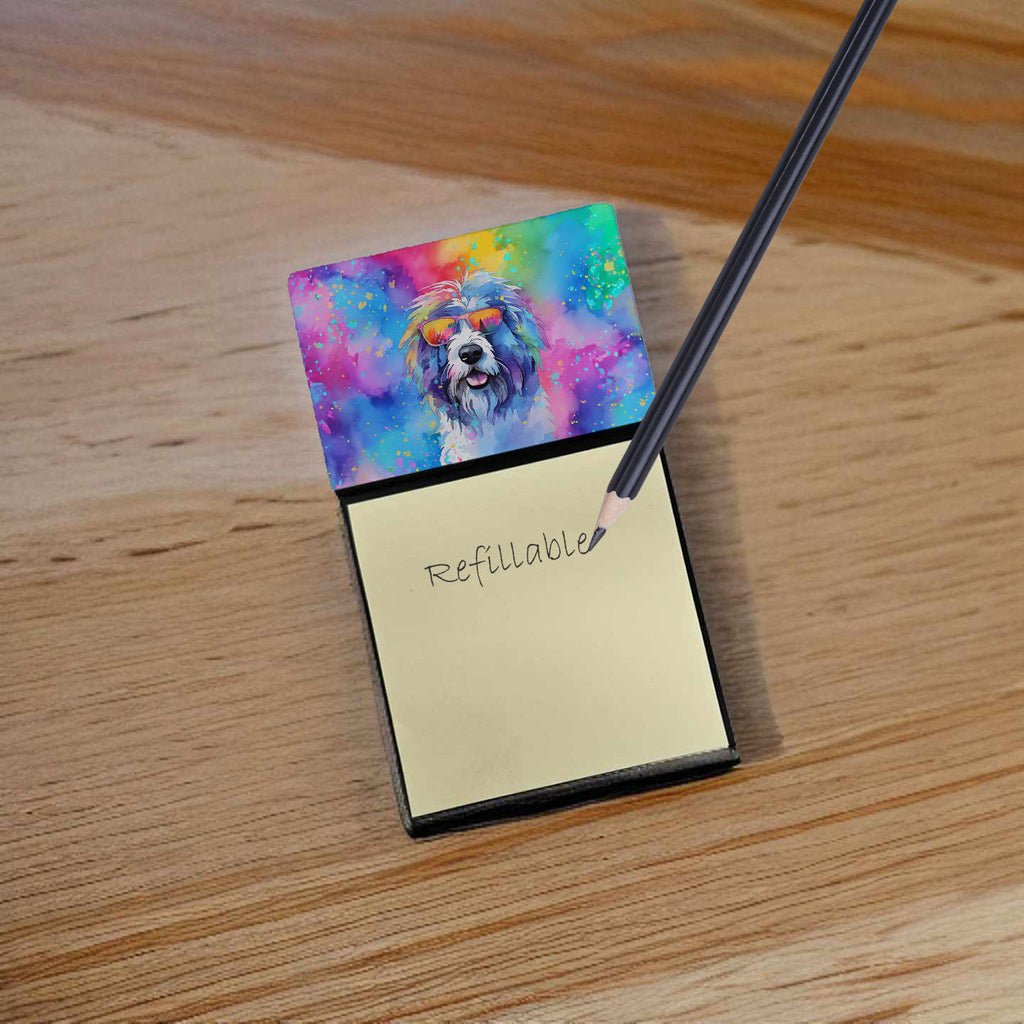 Old English Sheepdog Hippie Dawg Watercolor Sticky Note Holder Refillable Dispenser Desk Accessory 3x3 Pad Gift
