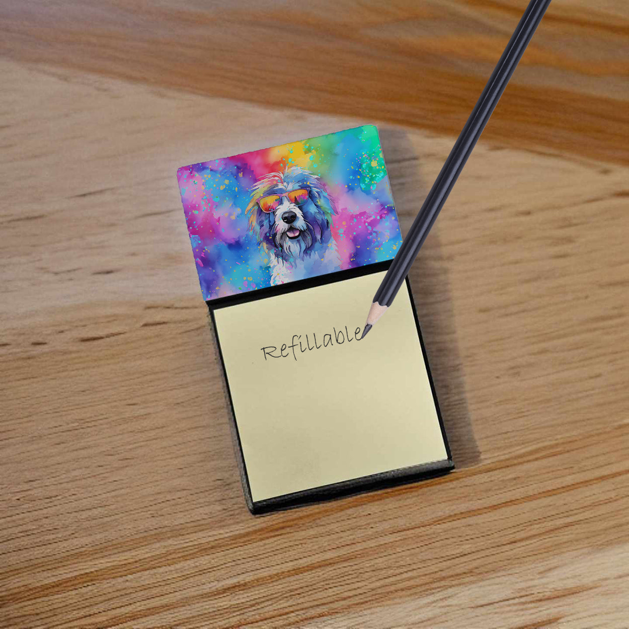 Old English Sheepdog Hippie Dawg Watercolor Sticky Note Holder Refillable Dispenser Desk Accessory 3x3 Pad Gift